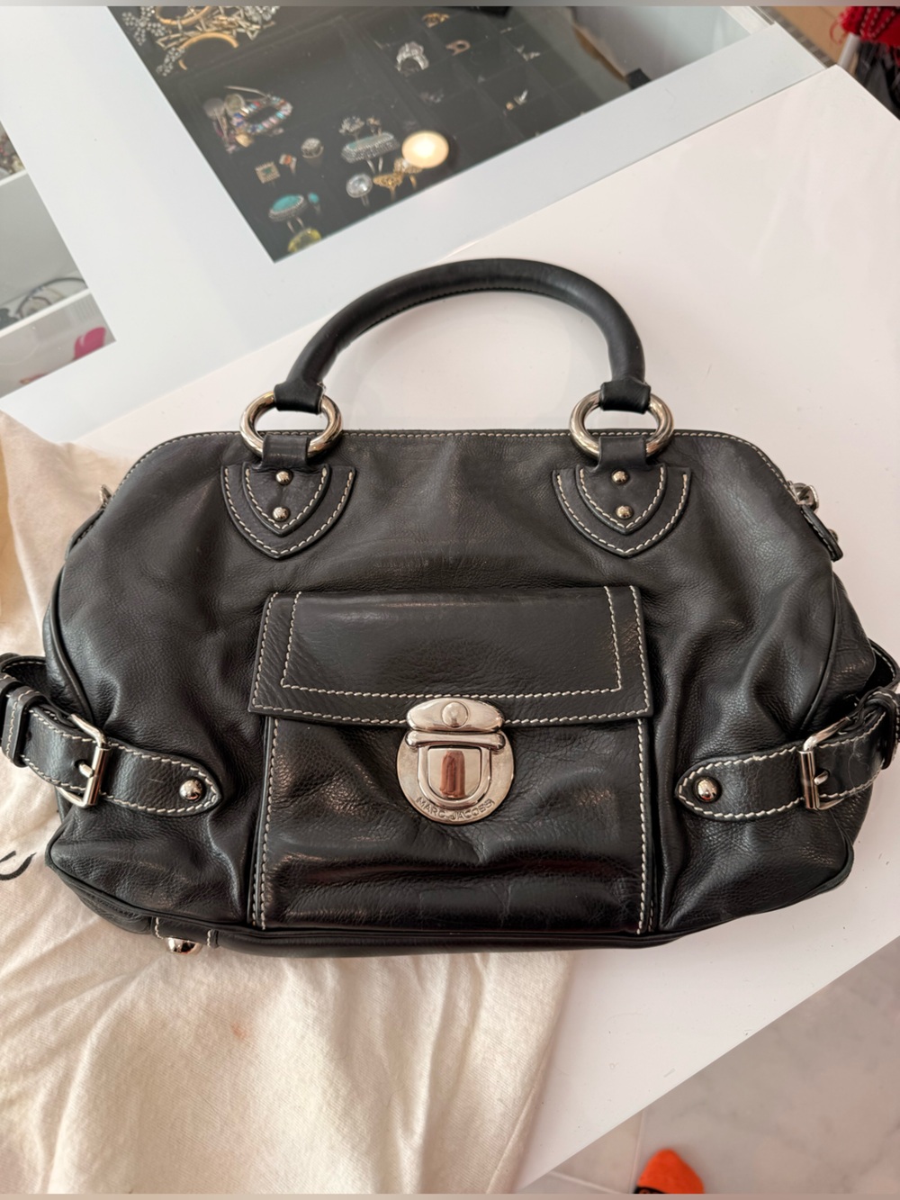 Marc Jacobs Black Leather Satchel with Silver Hardware